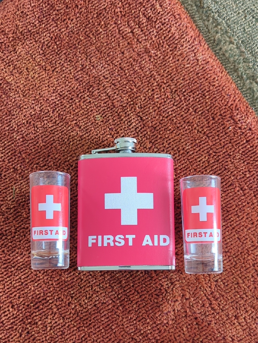 NWOT First Aid Stainless Steel Flask & Shot Glass Set - Pink Red Cross Design